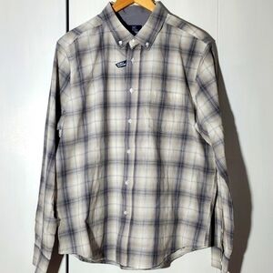 George| Mens Plaid Cream Gray Long Sleeve Button Down Pocket Dress Shirt  Sz.L